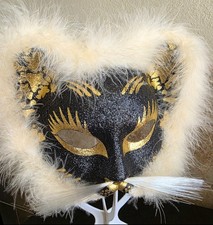 HALLOWEEN CAT FACE MASK Shimmery Black  Gold Tail Set Adult Size NWOT HH16 