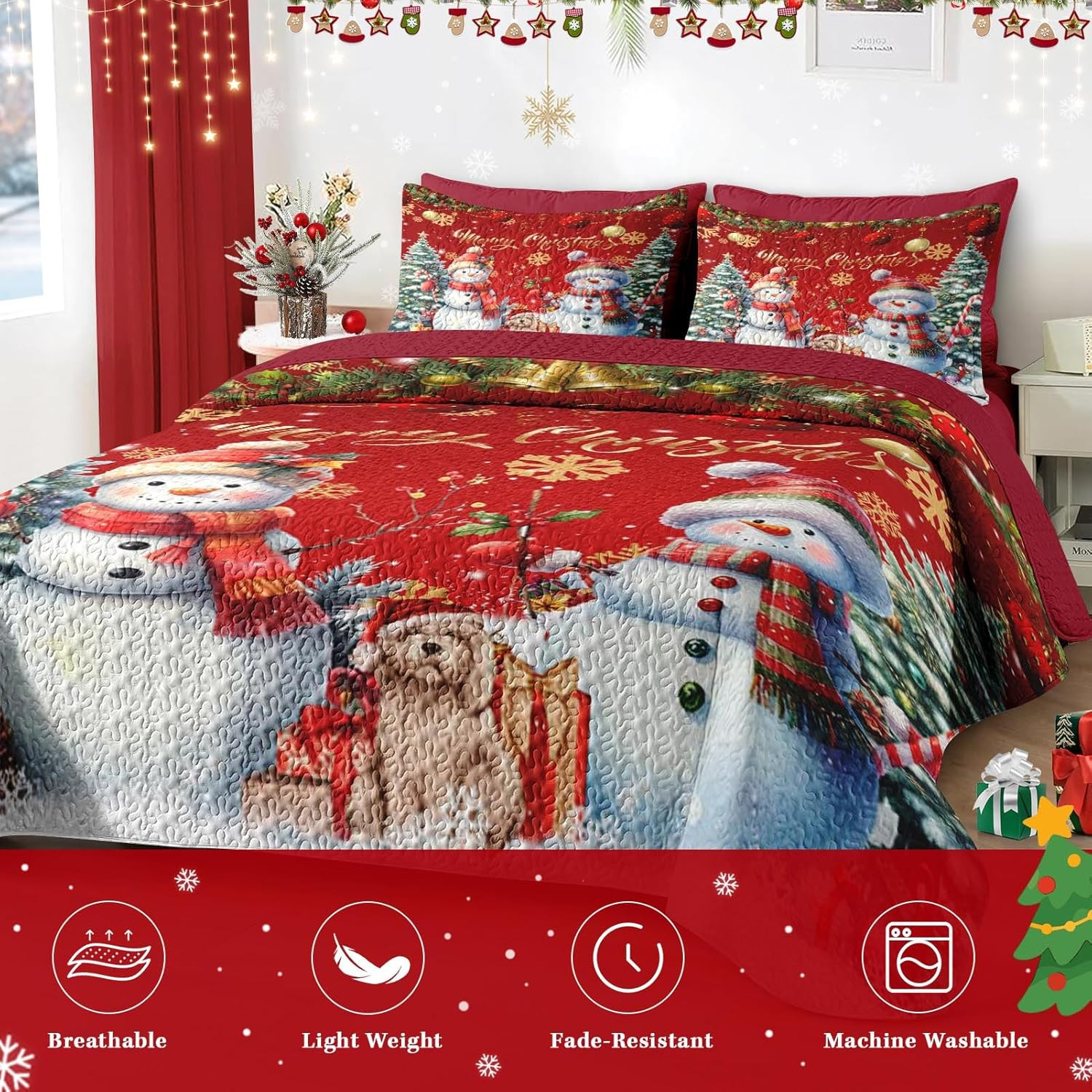 Christmas King Size Quilt Set, Dark Red Xmas Snowman Lightweight Bedspread Cover