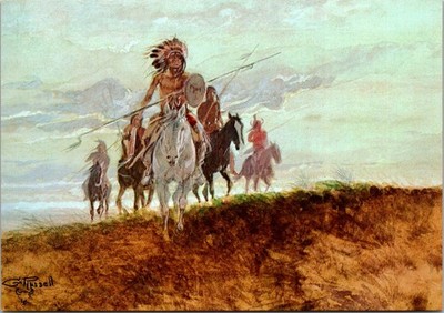 Montana Native American Warriors Art Print Continental Postcard A299