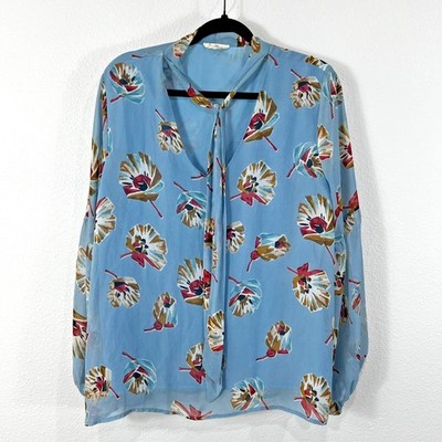 Entro Top Blouse Floral Blue Semi Sheer Lined Balloon Sleeve Tie Neck Women's L