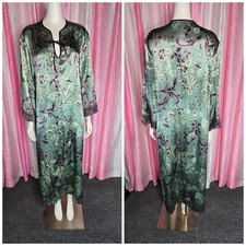 HALSTON  Vintage Satin Green Floral Long House Coat Size Medium 