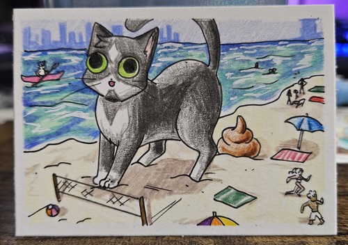 Aceo Original Giant Cat, Tiny World: The Beach.  RoDraws