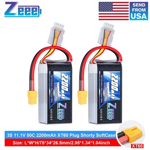 2x Zeee 3S Shorty Lipo Battery 2200mAh 11.1V 50C XT60 for RC Car Truck Heli Quad