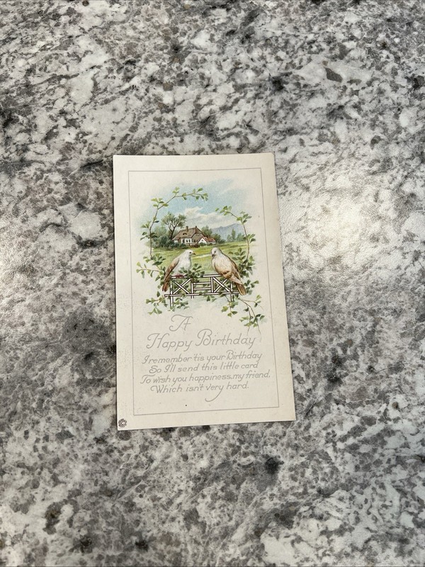 Vintage Embossed Bday Postcard Series 370A Birds Fence Pastoral Unposted WWI Era