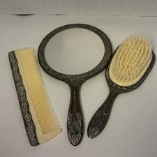 Vintage Ornate Silver-Tone Vanity Set Hand Mirror, Hair Brush, Comb Ornate Heavy