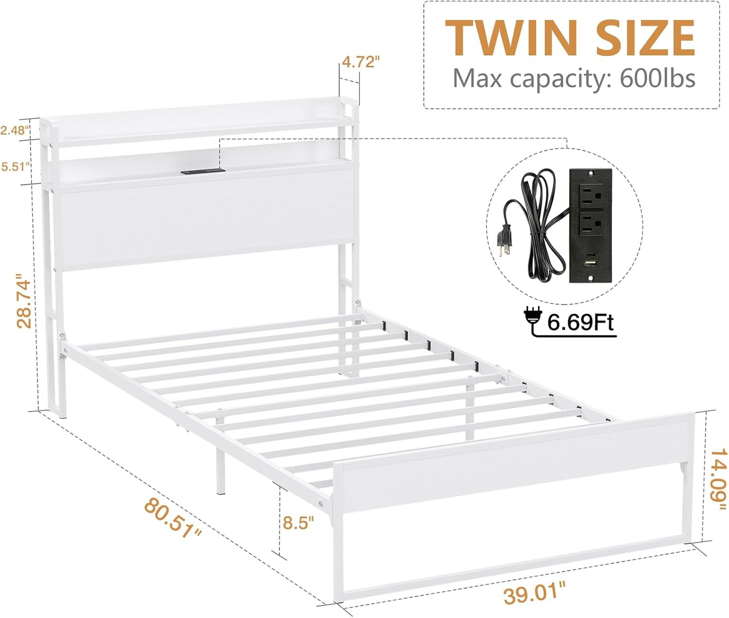 Elephance Twin Bed Frames  Noise Free with Charging Station & Storage Headboard