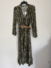 Zara Women's Paisley Print Midi Dress With Belt Green Color Size S