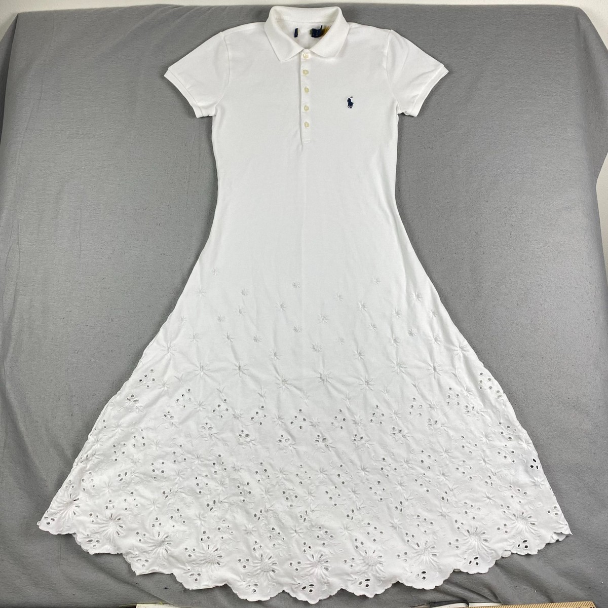 Polo Ralph Lauren Polo Shirt Midi Dress Small White Eyelet Hem Pony Logo |  eBay