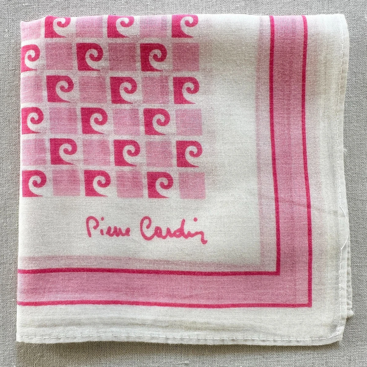 Vintage Cotton Mens Pocket Square Pink Geometric & Monogram Handkerchief 16"~P