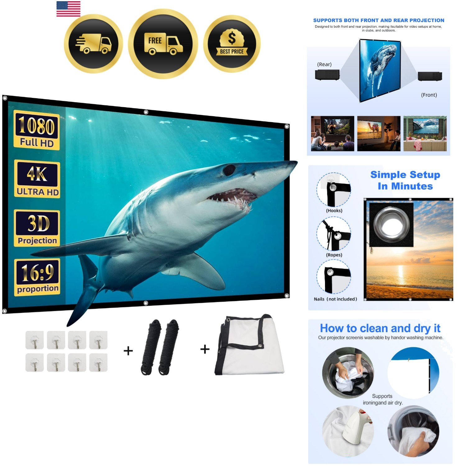 Projector Screen 84 Inch Portable Foldable Outdoor Indoor HD 4K Rear Front