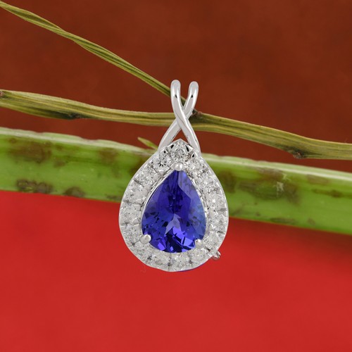 2.23 TCW Round H/SI Diamond Tanzanite Gemstone Pear Pendant Gift 18k White Gold - Picture 3 of 6