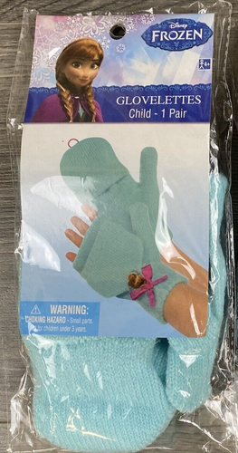 Disney Frozen Anna Gloves Childs Glovelettes Child Blue Knit Pink Bow - 第 1/5 張圖片