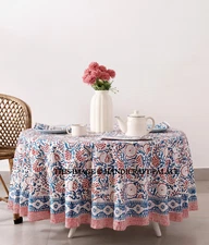 Pink & Blue Indian hand Block Print tablecloth Floral Cotton Round Table cover