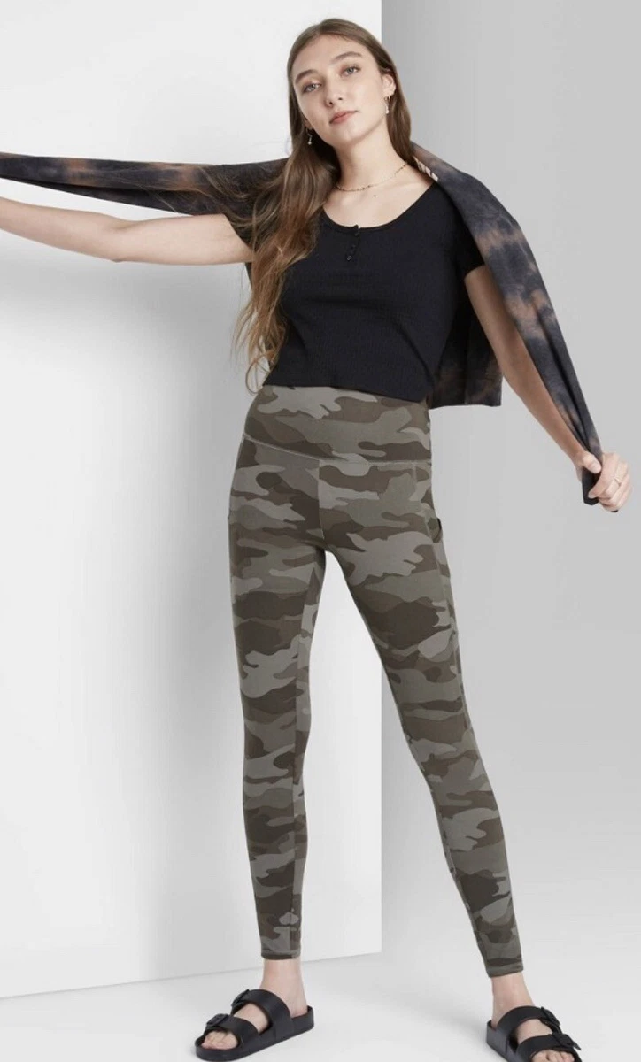 Women's High-Waisted Ultra Soft Leggings - Wild Fable Camo Green Size Large