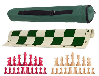 Green Archer Weighted Chess Set - Vinyl Board, Bag w/ Red & Natural Pieces