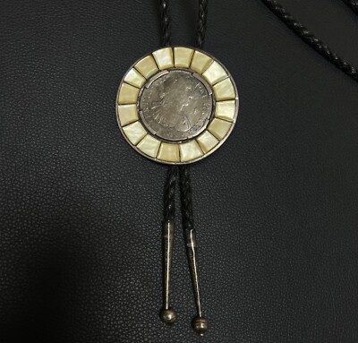 Vintage Bolo Tie with (1798?) Spanish Eight Reales With  Mother of Pearl Inlay