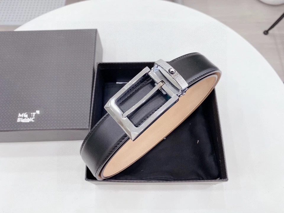 MARKENLOS High-quality Leather Mon 3.5CM Premium Steel Buckle Silver Echtes Leder Belt New