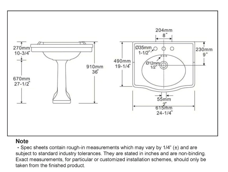 Fregadero de pedestal de baño Romano 2829 con salpicaduras traseras, rectangular, 24''x19''x34"" Foto 3 de 4
