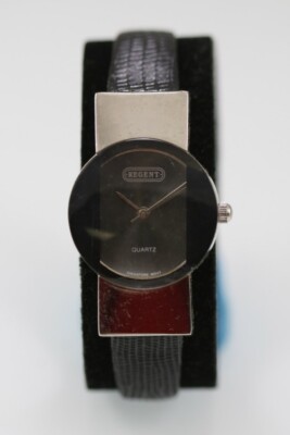 Regent Watch Women Silver Stainless Steel WR Black Leather Battery Gray Quartz