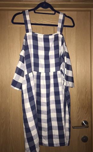Topshop Tall Blue Gingham Check Mini Smock Dress UK 10 Cold Shoulder - Picture 3 of 12