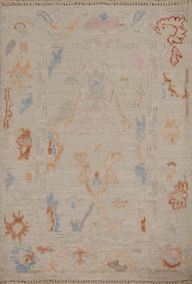 Muted Geometric Ivory Oushak Turkish Small 2x3 ft Rug Wool Handmade Foyer Carpet