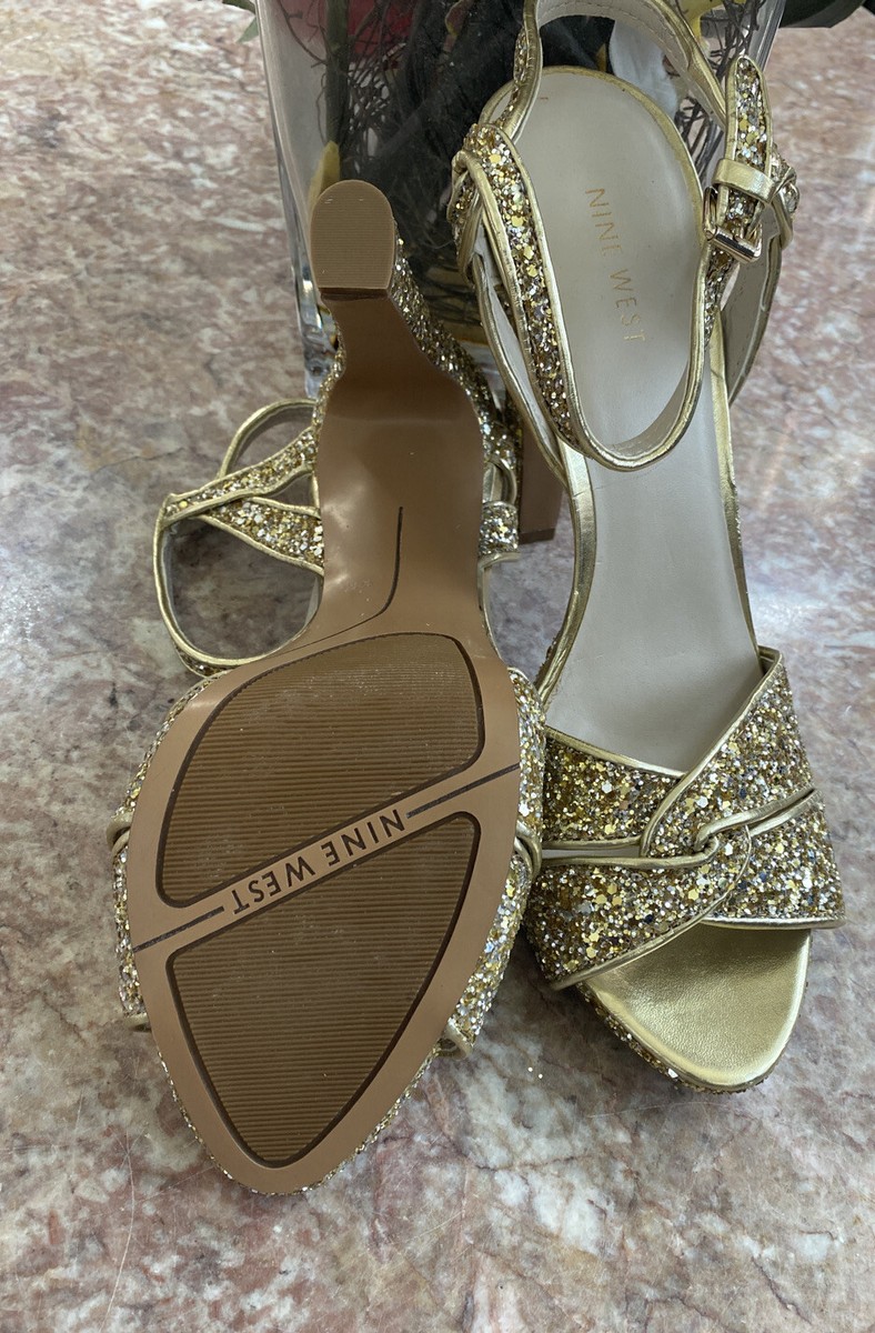 New Nine West Hotlist Gold Silver Glitter Strappy Platform