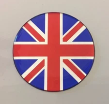50mm Dia UNION JACK FLAG Sticker/Decal - RED, CHROME & BLUE - GLOSS DOMED GEL