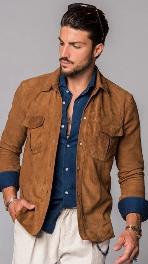 Mens Brown Leather Trucker Jacket Pure Suede Custom Made Size S M L XL 2XL 3XL
