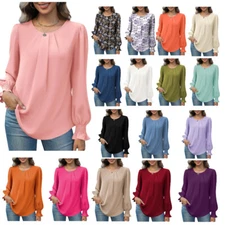 Womens Tops Dressy Casual Smocked Long Sleeve Shirts Loose Chiffon Blouses