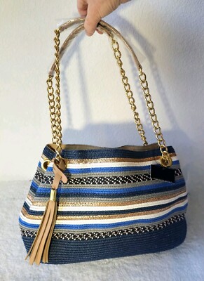 Saks Fifth Avenue Blue Multi Purse Bag Strip Satchel Straw Brand New w Tags Nice