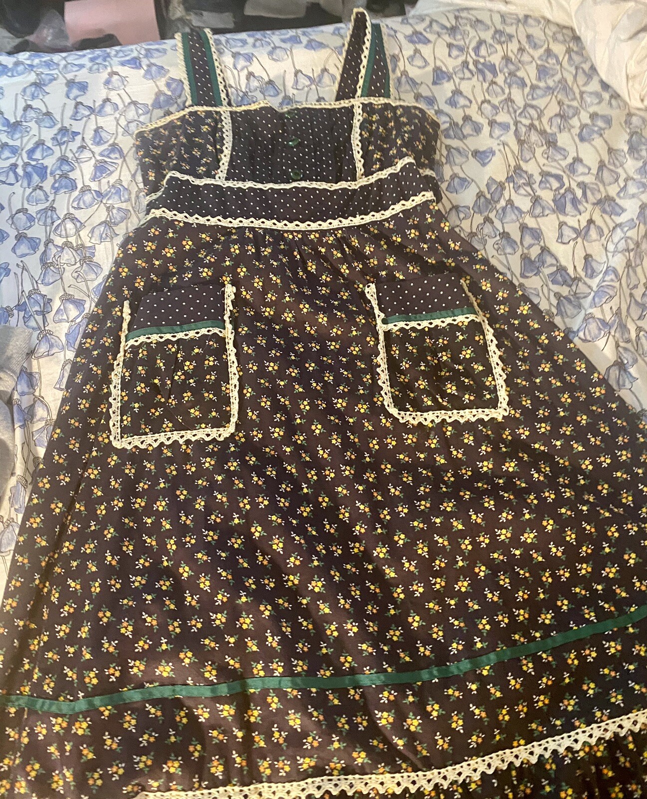 Rare Vintage Gunne Sax Prairie Boho Floral Print Blue Tie Dress Sz 11 Excellent image 3