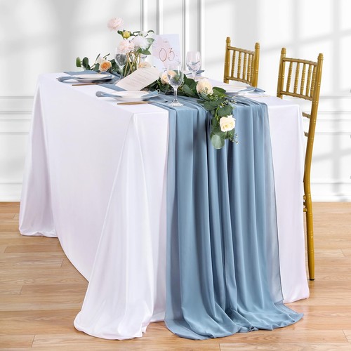 Dusty Blue Chiffon Table Runner 27x120 Inches Romantic Sheer Fabric for Weddi...
