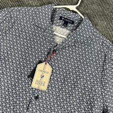 Cremieux French Linen Shirt Mens Large Blue Geometric Short Sleeve Button Up New