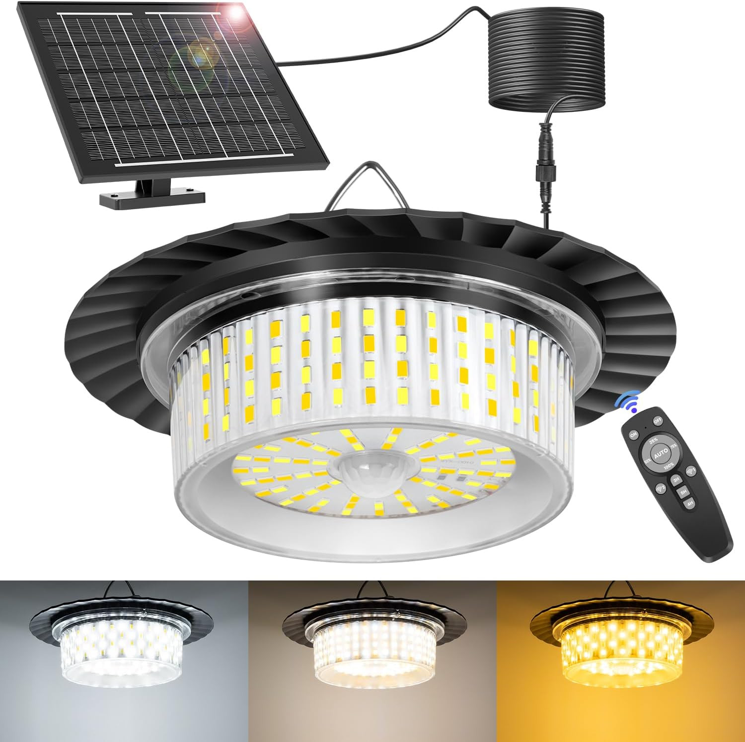 Lampe solaire extérieur et intérieur noire à 3 couleurs d'éclairage LED