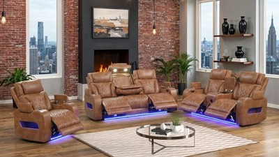 NEW Brown Tan LED Power Recliner & Adj Headrest 3PC Sofa Set Bluetooth Speaker