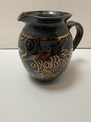 Arran Pottery Scotland Hand Made Stoneware Pitcher Gold Accents 6 In H 