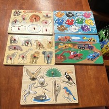 Melissa  Doug Wooden Peg Puzzles Lot of 5 Animals Food Fish Colors Vehicles
