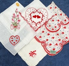 Valentine Hearts Roses Hankies Embroider Vtg Lot of 4