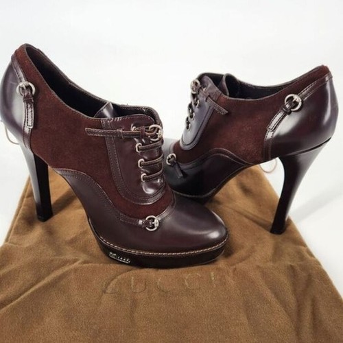 Gucci Women's 7.5 Oxford Leather Pony Hair Ankle Booties Brown Heels Platforms