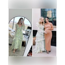Mac Duggal Tiered A Line Long Sleeve Chiffon Gown Floral Green Size 2
