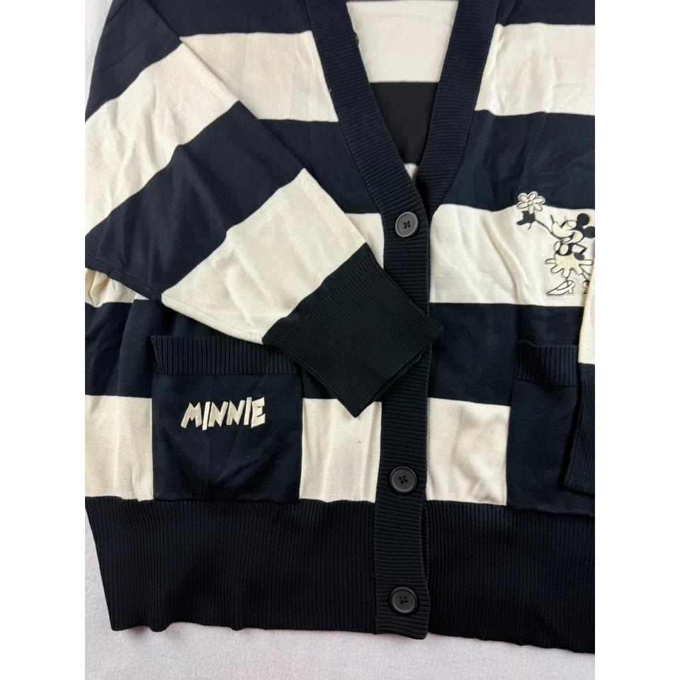 Disney Minnie Mouse Striped Cardigan Sweater Womens 2X Black Cream Pockets - Image 2 of 4