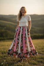 Vintage 1970s Chessa Davis Maxi festival Skirt lace boho floral pink brown S/M