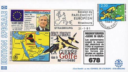 IK8-T1 FDC Parlement européen "GUERRE DU GOLFE / M. POOS, Luxembourg" 01-1991 - Photo 1/1