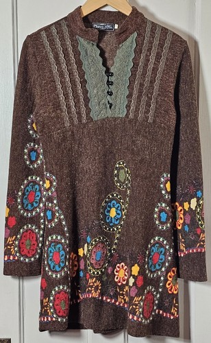 Pepper Tree Dress Junior's M/L Brown Floral Bohemian Lace Button L/S Art-to-Wear