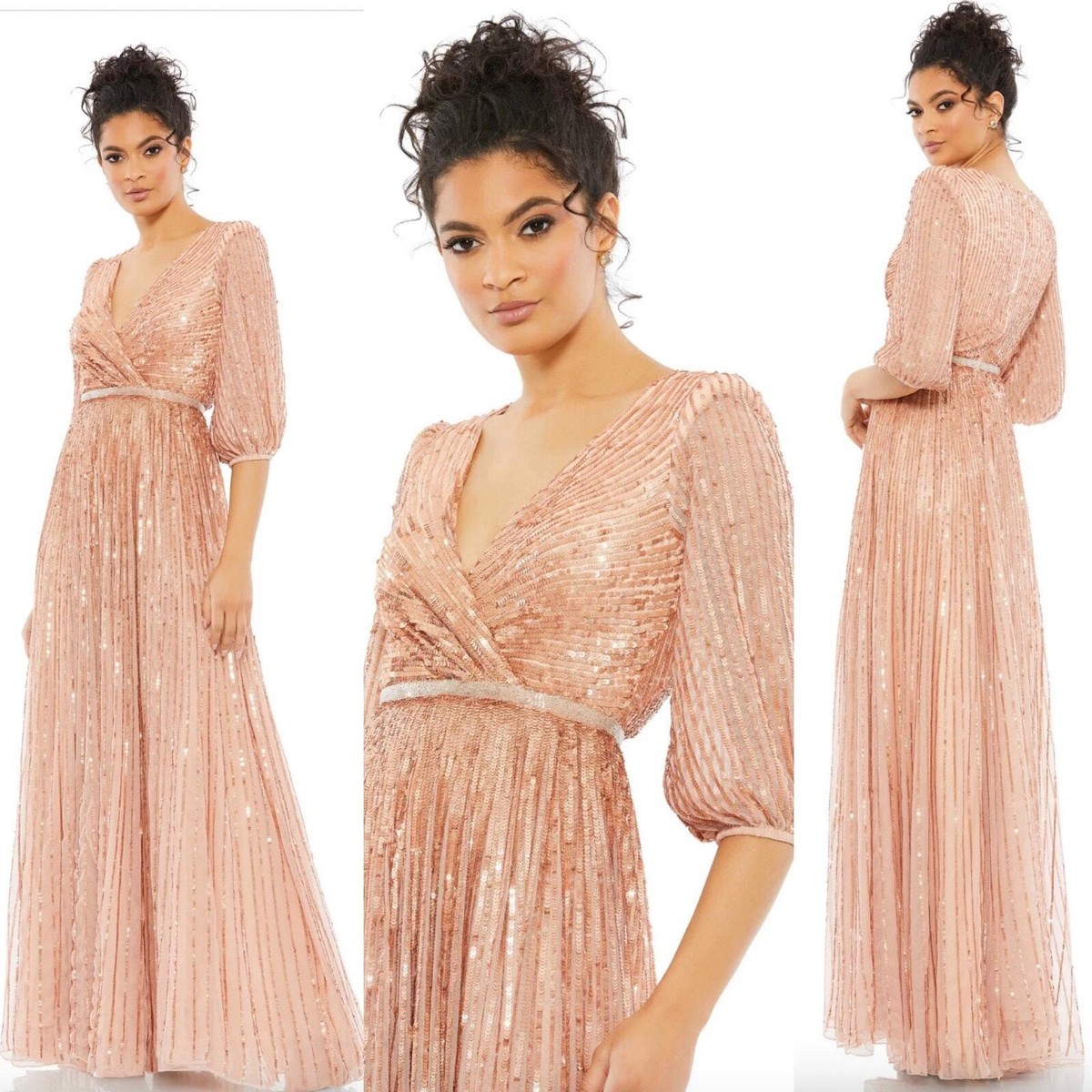 【Mac Duggal】Sequined Wrap Over 3/4 Sleeve Gown 関税送料込 Mac Duggal Sequined Wrap Over 3/4 Sleeve Gown In Apricot
