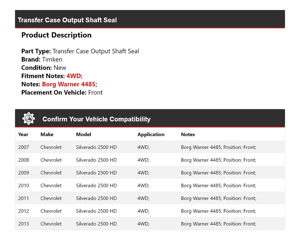 Para Chevrolet Silverado 2500 HD 2007-2013 caja de transferencia eje de salida sello Timken Foto 2 de 4