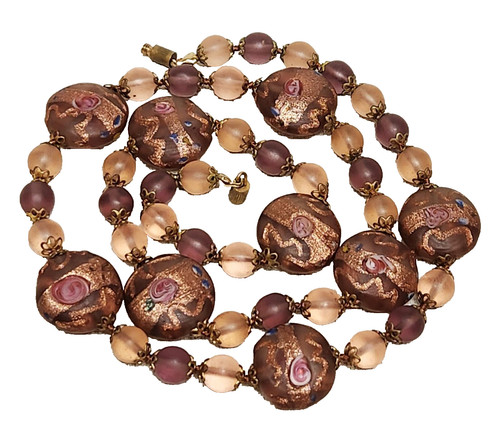 Vintage Venetian Frosted Purple Glass Wedding Cake Copper Drizzled Bead Necklace