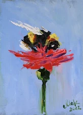 Bumblebee Oil Painting Honey Bee Original Painting Floral Oil Artwork Tiny Wall