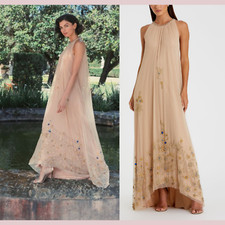 NWT Mac Duggal [ 8 ] 9232 High Neck Floral Embellished Trapeze Gown Nude #J788