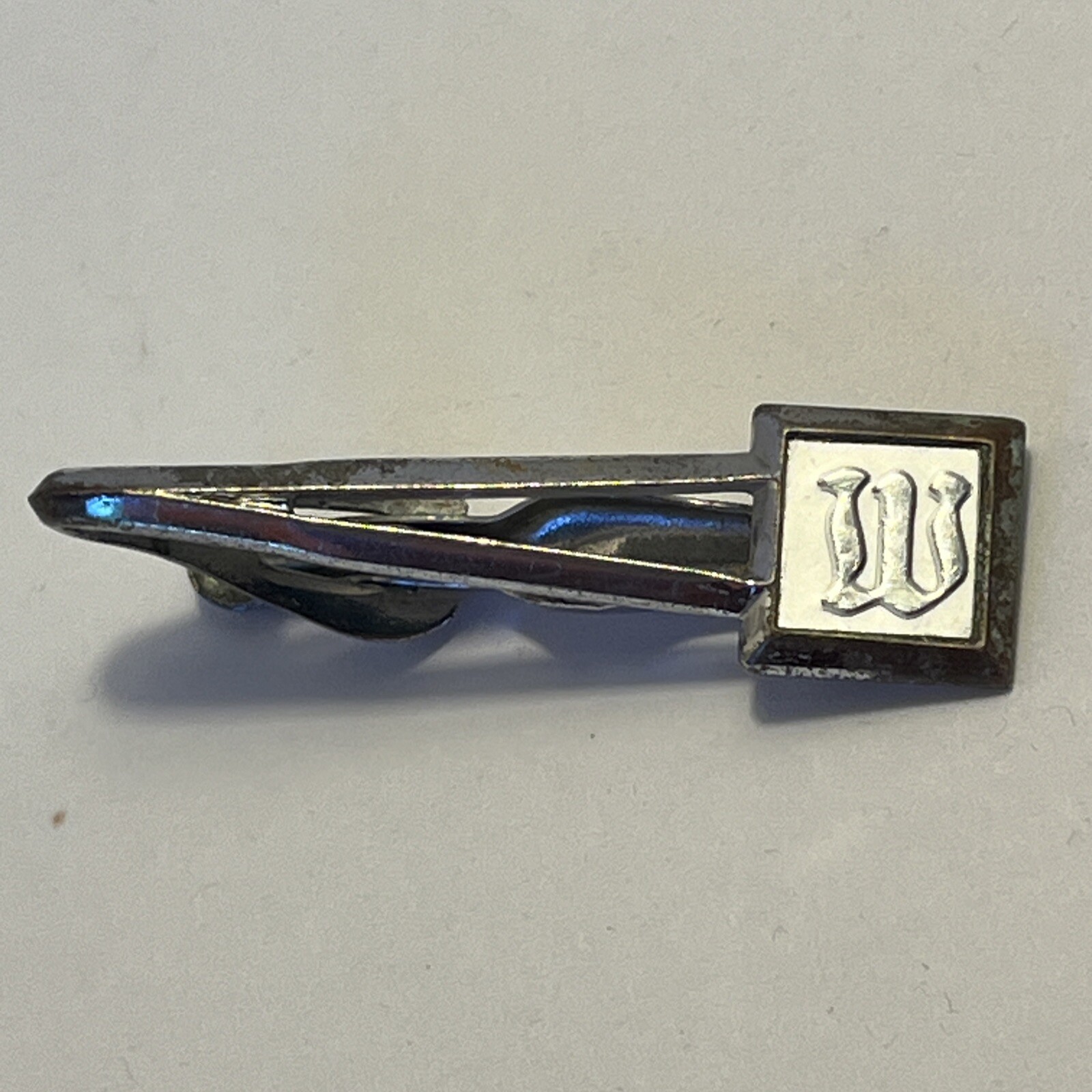 Swank “M Or W” Initial Tie Clip Signed Mid Century Men's Suit Formal Accessories